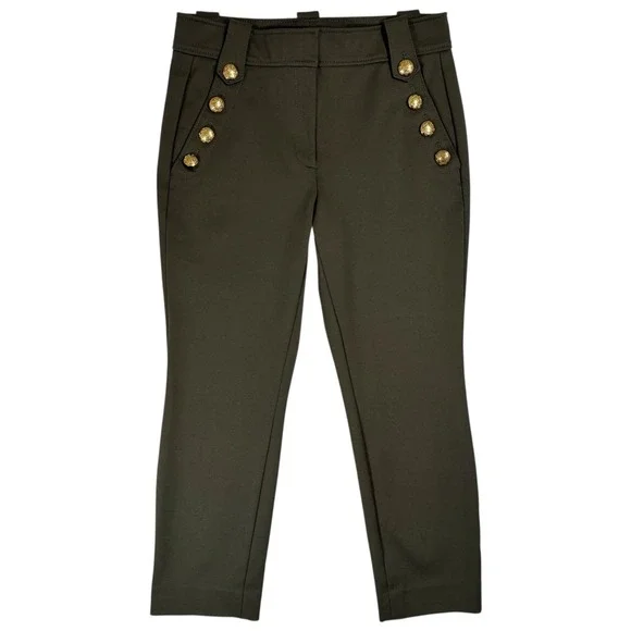 WHBM Jolie Straight Luxe Stretch Pants Size 8 Olive Green Gold Button Sailor - Picture 2 of 16